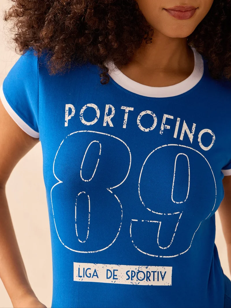 أوجيدر بلوزة قصيرة راجلان زرقاء بطبعة جرافيك